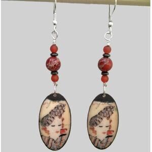 Parisian Lady Charm Earrings Artisan Oval Enamel Copper Red Jasper Beaded New